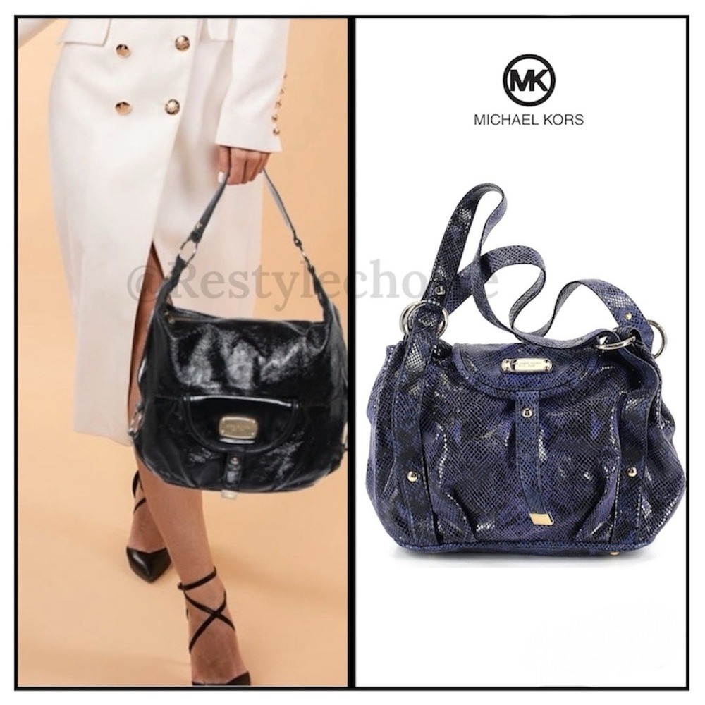 Michael Kors brimfied Papis Blue Python embossed leather shoulder hand hobo bag